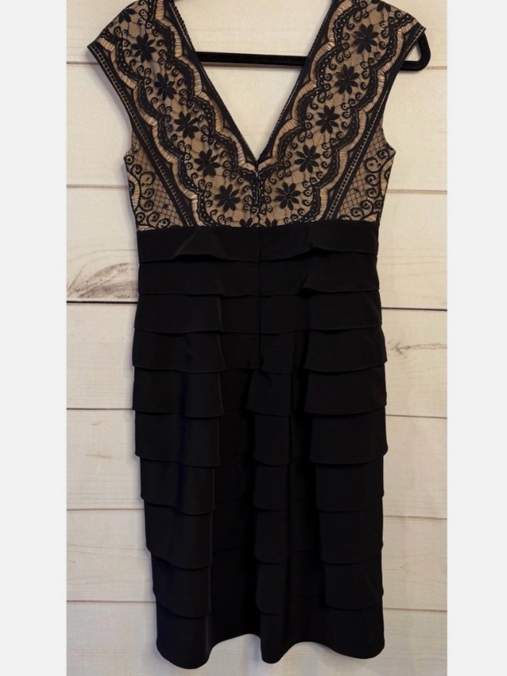Black & Beige Lace V-Neck Tiered Midi Dress